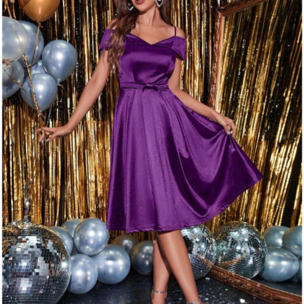 Gorgeous Purple Cold Shoulder Zip Back Satin Dress